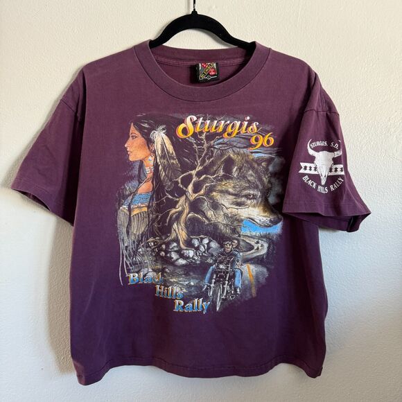 Vintage 1996 90s Sturgis Biker 3D Emblem Black Hills Rally Wolf L T-Shirt Crop - Picture 1 of 10